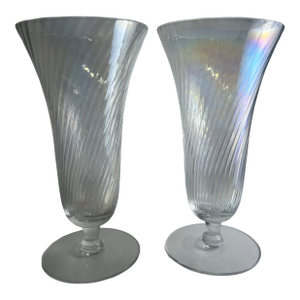 1950s Vintage Iridescent Swirled-Optic Parfait Footed Glasses - a Pair