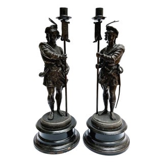 19th Century French Antique Spelter Figural Candlesticks – Pair of Renaissance Troubadour Warriors For Sale