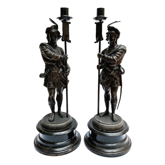 19th Century French Antique Spelter Figural Candlesticks – Pair of Renaissance Troubadour Warriors For Sale