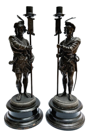 19th Century French Antique Spelter Figural Candlesticks – Pair of Renaissance Troubadour Warriors