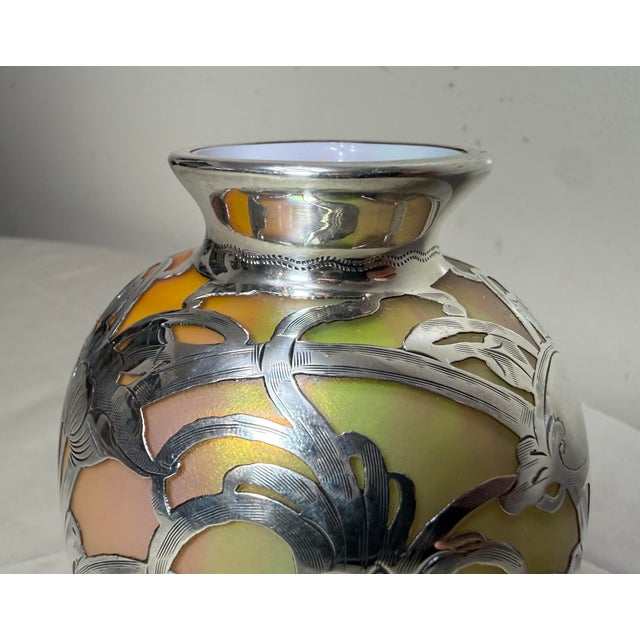 Antique Hand Blown Loetz Candia Silberiris Sterling Silver Overlay Glass Vase For Sale - Image 14 of 14