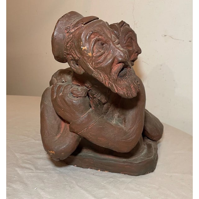 Brown Large Antique Handmade Terracotta Jewish Judaica Man Lady Pottery Sculpture For Sale - Image 8 of 14