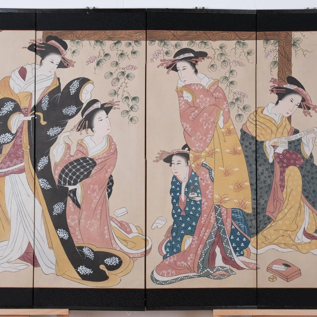 1970s 1980s Japanese Byobu 4-Panel Folding Screen Geishas For Sale - Image 5 of 11