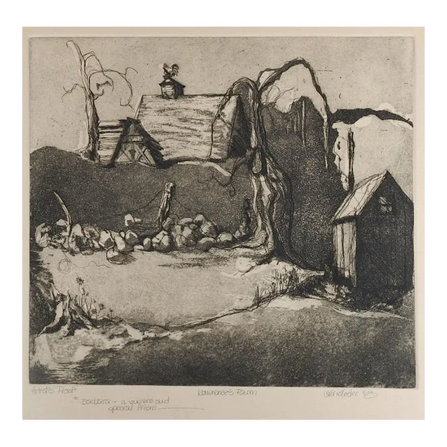 Vintage 1968 Modernist Etching Farm For Sale