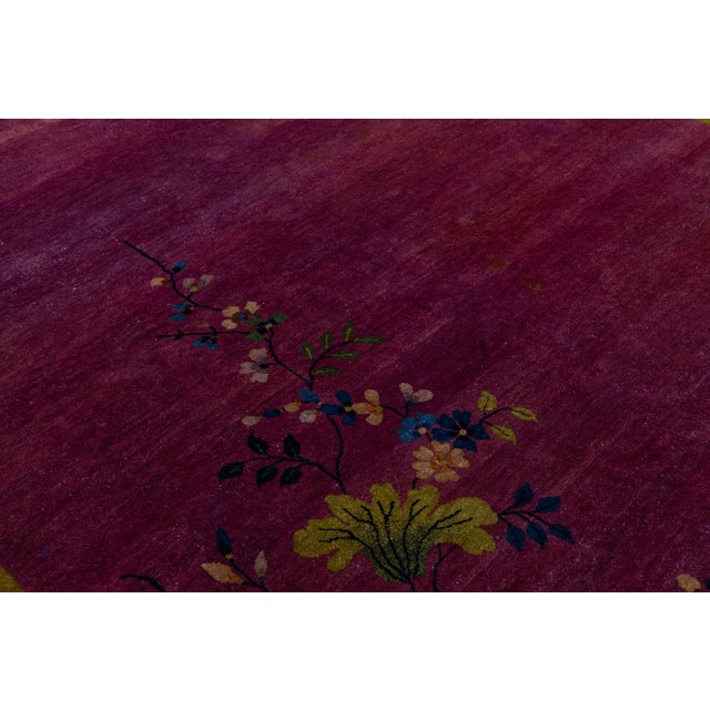 1920s Antique Chinese Art Deco Rug With Floral Branches in Magenta and Navy Blue For Sale In New York - Image 6 of 13