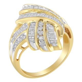 10K Yellow Gold Plated .925 Sterling Silver 1.0 Cttw Round & Baguette Diamond Knot Channel Statement Ring (I-J Color, I2-I3 Clarity) - Size 7-3/4 For Sale