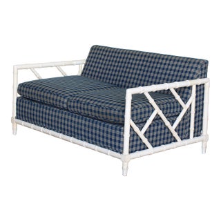 Mid Century Faux Bamboo White and Blue Two Seat Sofa For Sale
