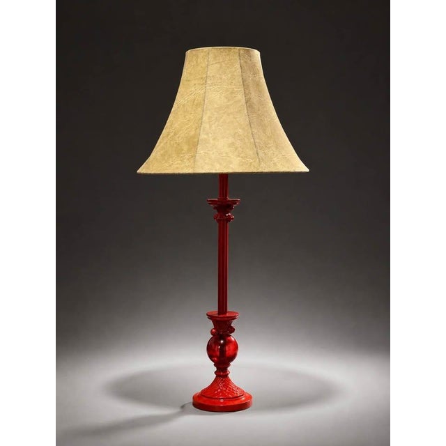 Transitional Vintage Style Red Table Lamp With Beige Fabric Shade For Sale - Image 3 of 5