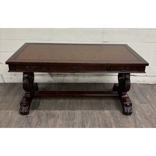 Vintage Empire Style Lyre Side Leather Top Writing Executive Library Desk For Sale - Image 4 of 15