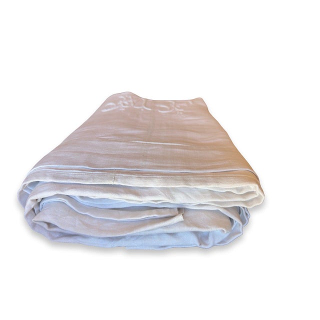 Antique French Oat Linen Sheet Monogrammed Rustic Luxe Hemp Linen Style Trousseau Bedding For Sale - Image 10 of 10