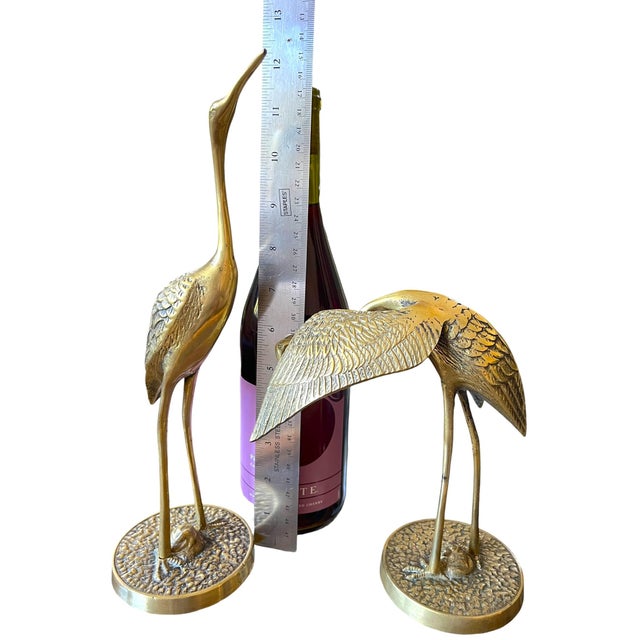 Vintage Brass Crane Sculptures Pair Coastal Palm Beach Style After Maitland Smith 12" Tall For Sale - Image 10 of 12