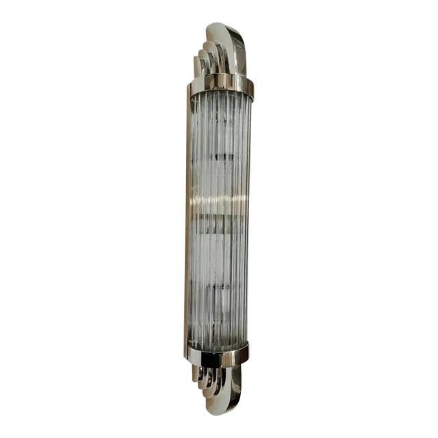 Vintage Art Deco Skyscraper Rod Ship Light Wall Sconces Fixture in Nickel Brass & Glass For Sale