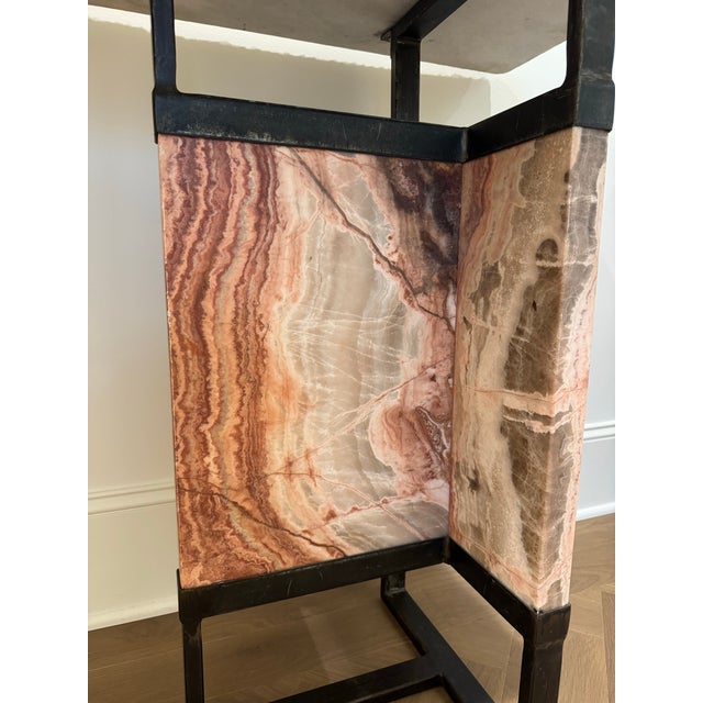 Metal Architectural Marble & Onyx Console Table With Blackened Iron Base For Sale - Image 7 of 8