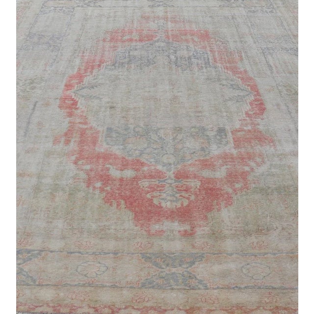 Traditional Antique Hand Knotted Turkish Oushak With Large Medallion in Off White and Coral 9'7 X 13'7 For Sale - Image 3 of 12