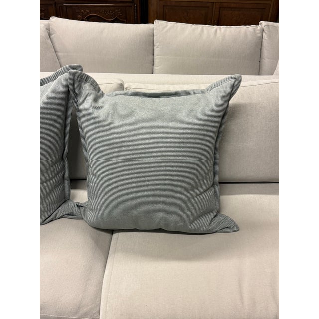 Blue Striated Blue With White Ticking Stripe Throw Pillows, Set of Three For Sale - Image 8 of 12