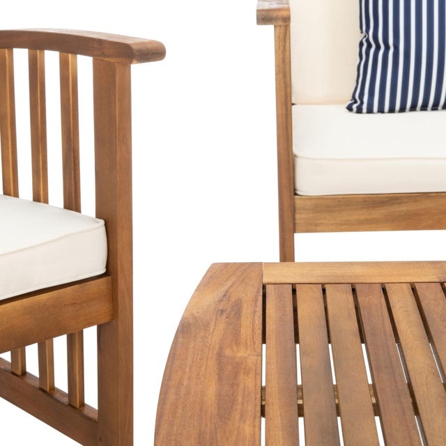 Spritely Home Rocklin 4-Piece Outdoor Set, Natural/Beige Cushion With Navy Thin Stripe Pillows For Sale - Image 4 of 8