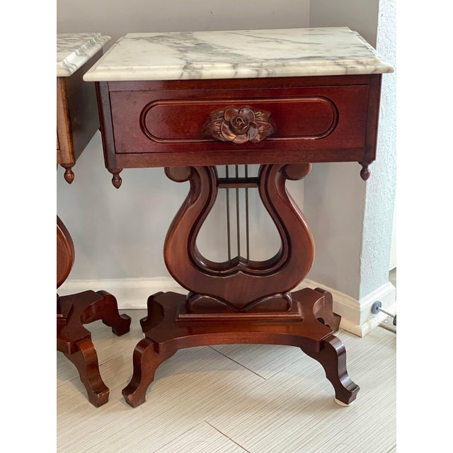 Mid 19th Century Victorian Mahogany Marble Top Harp Lyre End Tables