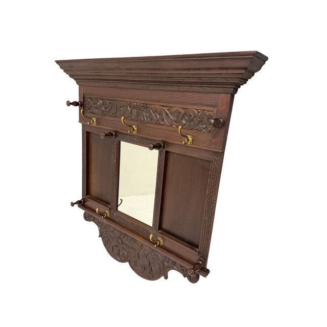 Renaissance Revival Hand-Carved Coat Rack with Mirror, 1900s For Sale - Image 4 of 12