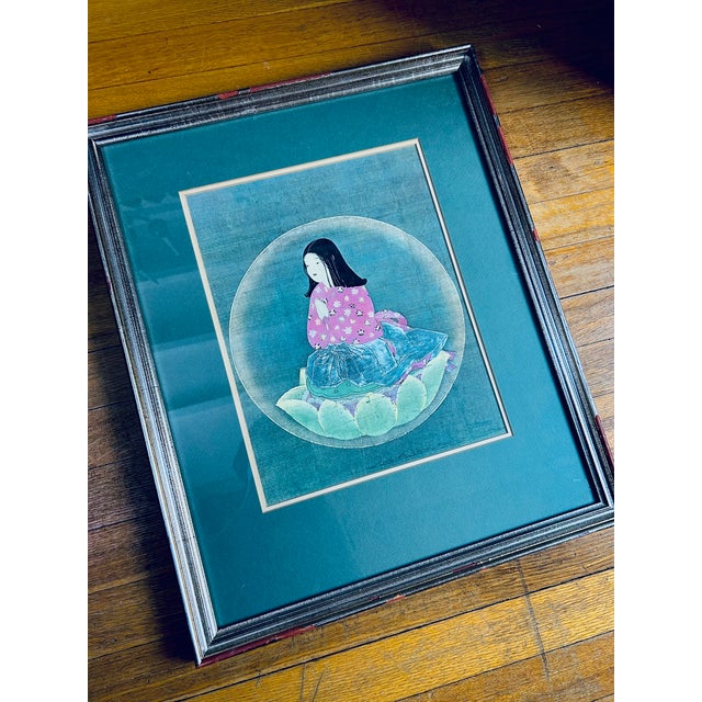 1980s Large Japanese Chigo Daishi Buddhist Framed Print With Lotus, 23" For Sale - Image 4 of 9