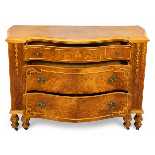 1970s Antique Burl Wood Serpentine-Front Dresser With Floral Inlay and Carved Details For Sale - Image 5 of 10