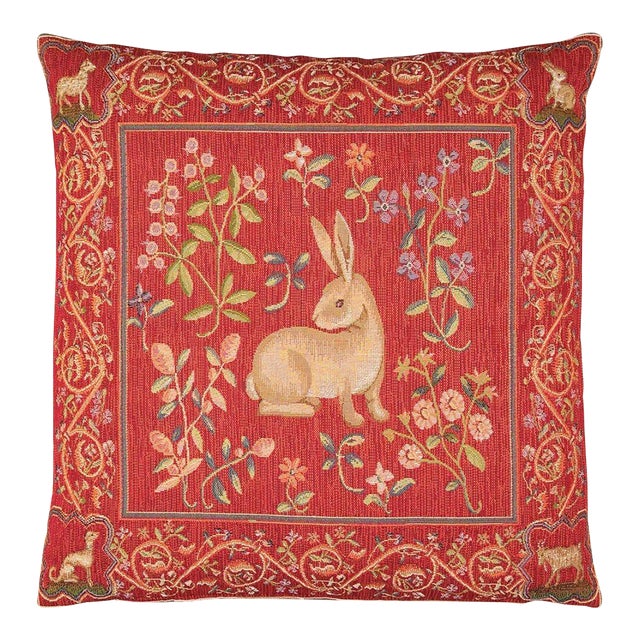 Medieval Rabbit Tapestry Cushion With Feather Filler - 46x46cm (18"x18") For Sale