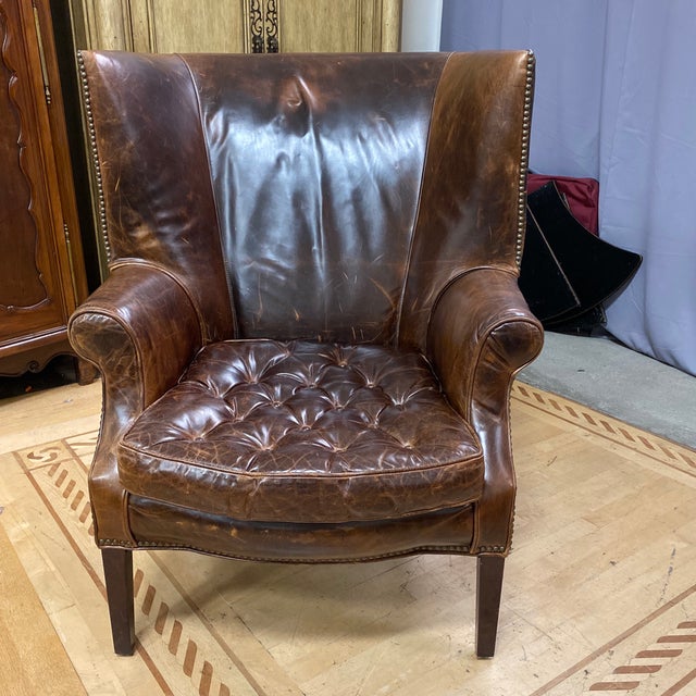 Restoration Hardware Leather Drake Chair + Ottoman | Chairish