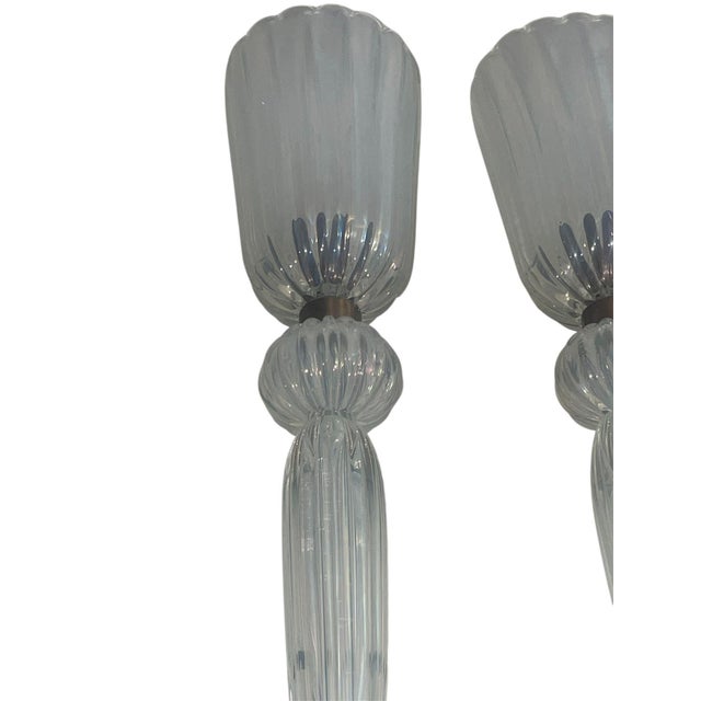 Pair of Modernist Celadon Opaline Murano Glass & Brass Sconces. 21st Century For Sale - Image 4 of 6