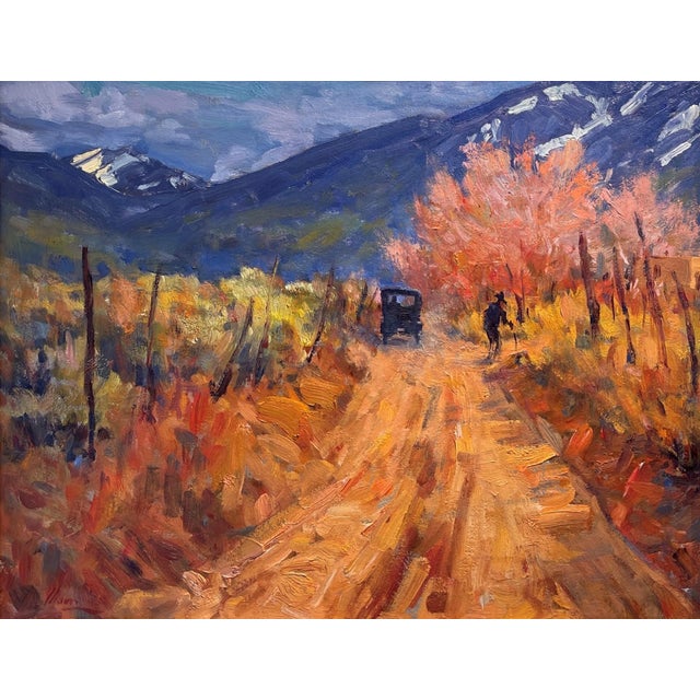 Grandpa's First Car Ride by Lorenzo Chavez | Oil Painting of a dirt road with a vintage car and autumn trees For Sale