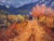 Grandpa's First Car Ride by Lorenzo Chavez | Oil Painting of a dirt road with a vintage car and autumn trees For Sale