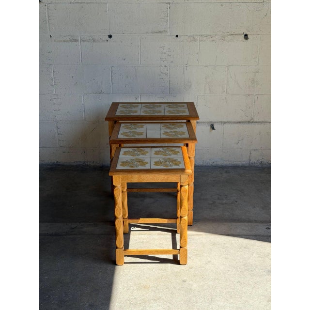 Vintage Oak Tile Top Nesting Tables Set of 3 Denmark Mid-Century Modern 1970s For Sale - Image 9 of 9