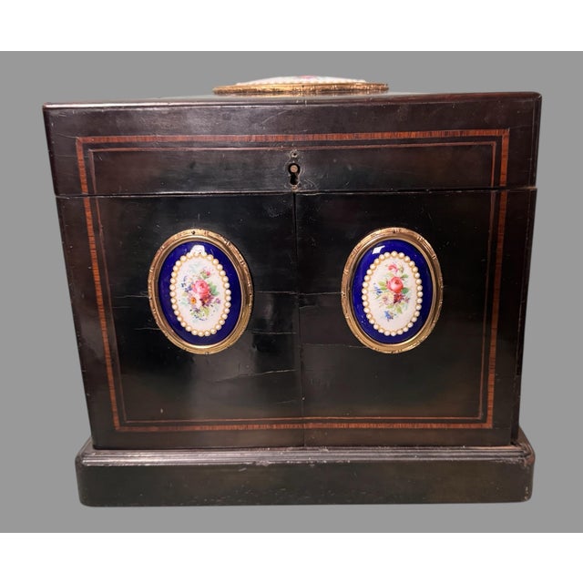 Brown Antique Victorian Keepsake Vanity Cabinet Hand Painted Floral Porcelain Plaques For Sale - Image 8 of 8