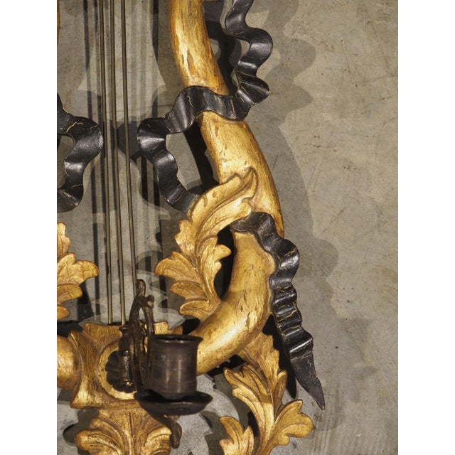 Gold Pair of Italian Giltwood and Ebonized Louis XVI Style Lyre Form Sconces, 1950s For Sale - Image 8 of 18