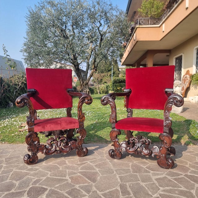 Baroque Antique Hand-Carved Walnut Thrones, 1860, Set of 2 For Sale - Image 3 of 14