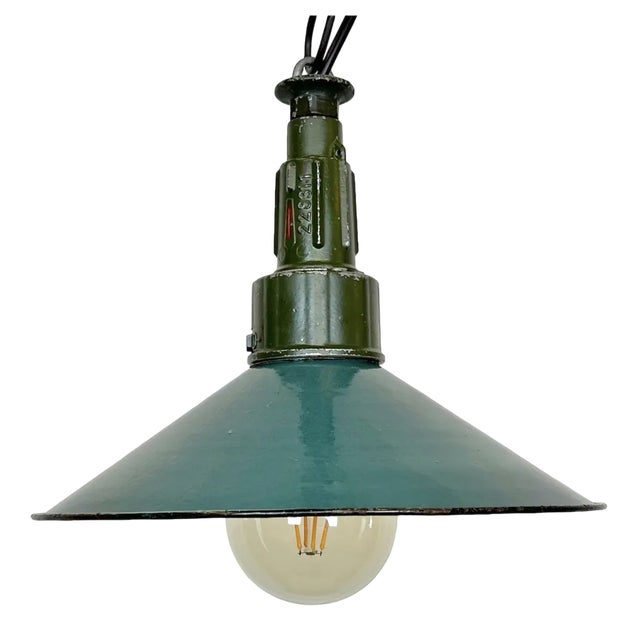 Industrial Petrol Enamel Military Pendant Lamp with Cast Aluminium Top, 1960s For Sale