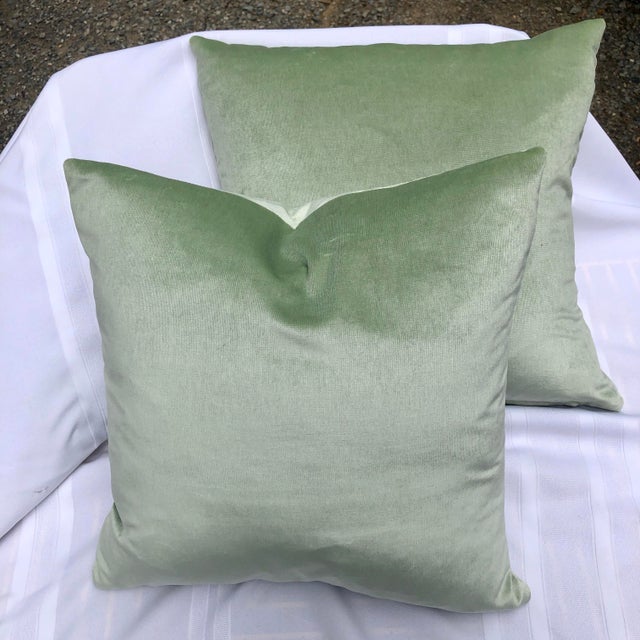 Contemporary Mint Green Velvet Feather Down Pillows A Pair