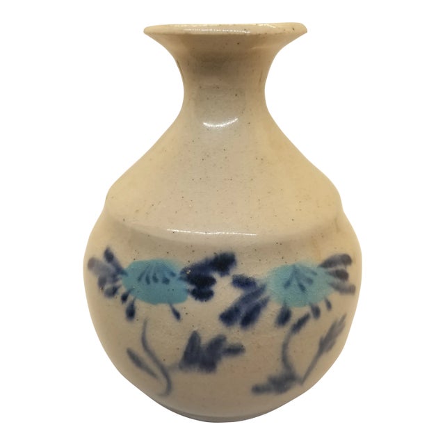 Vintage Artisan Handcrafted and Handpainted Ceramic Vase With Flowers, Signed For Sale