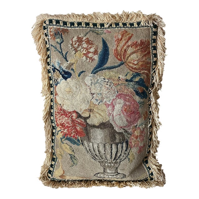 Antique 18th Century French Aubusson Floral Urn Tapestry Finished as a Pillow For Sale