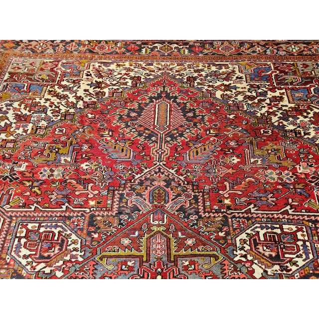 Vintage Persian Heriz Rug, Hand-Knotted Wool, Geometric Medallion Pattern, Red & Navy, 10x13 For Sale - Image 4 of 11