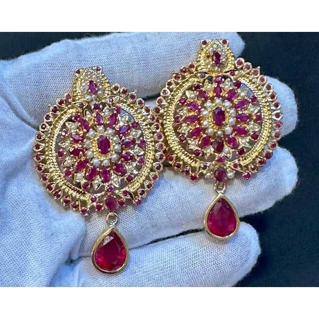 22 Karat Gold Ruby & Natural Pearl Yellow Gold Circle Stud Earring, Hanging Ruby For Sale - Image 4 of 18