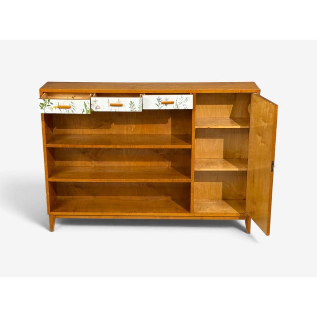 Wood Swedish Modern, Nordens Flora Bookcase, Birch, Floral Lithographs, Sweden, 1940s For Sale - Image 7 of 15