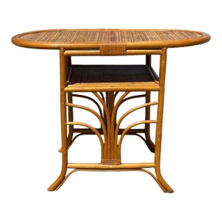 1940s Restored Art Deco "Palm" Rattan Side Drink Table W/ Rice Mat Top For Sale
