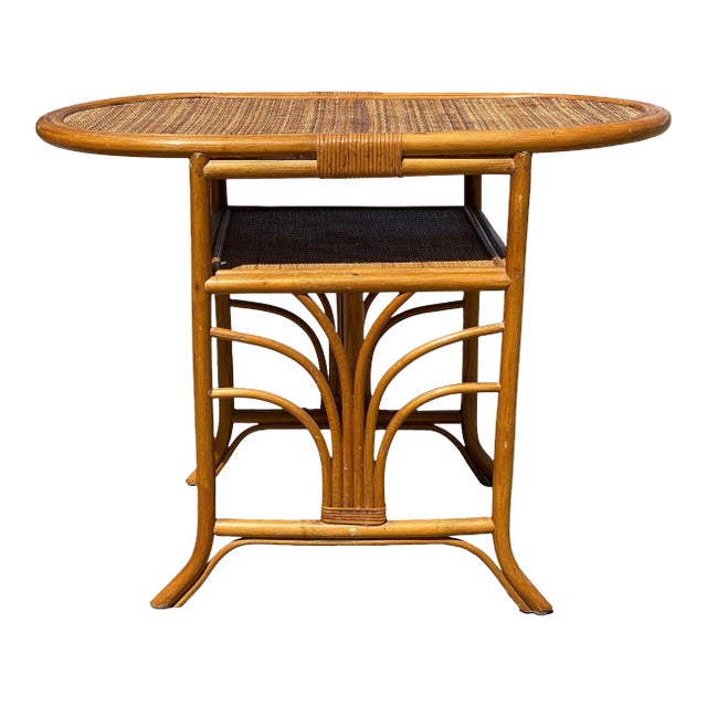 1940s Restored Art Deco "Palm" Rattan Side Drink Table W/ Rice Mat Top For Sale