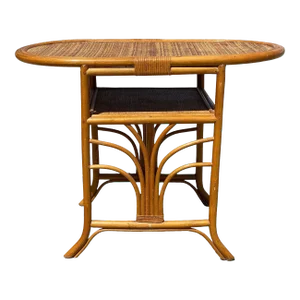 1940s Restored Art Deco "Palm" Rattan Side Drink Table W/ Rice Mat Top