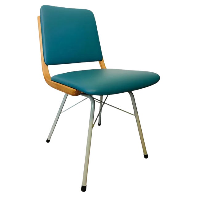Metal, Wood & Turquoise Eco-Leather Dining Chair, 1960s For Sale