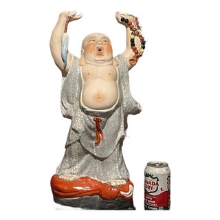 Vintage 20" Porcelain Laughing Buddha Statue Crackle Glaze Figure For Sale