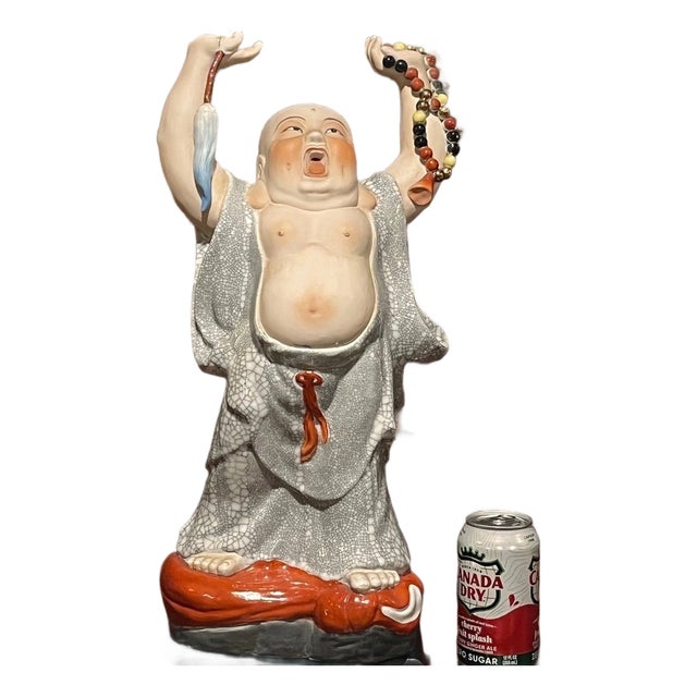 Vintage 20" Porcelain Laughing Buddha Statue Crackle Glaze Figure For Sale