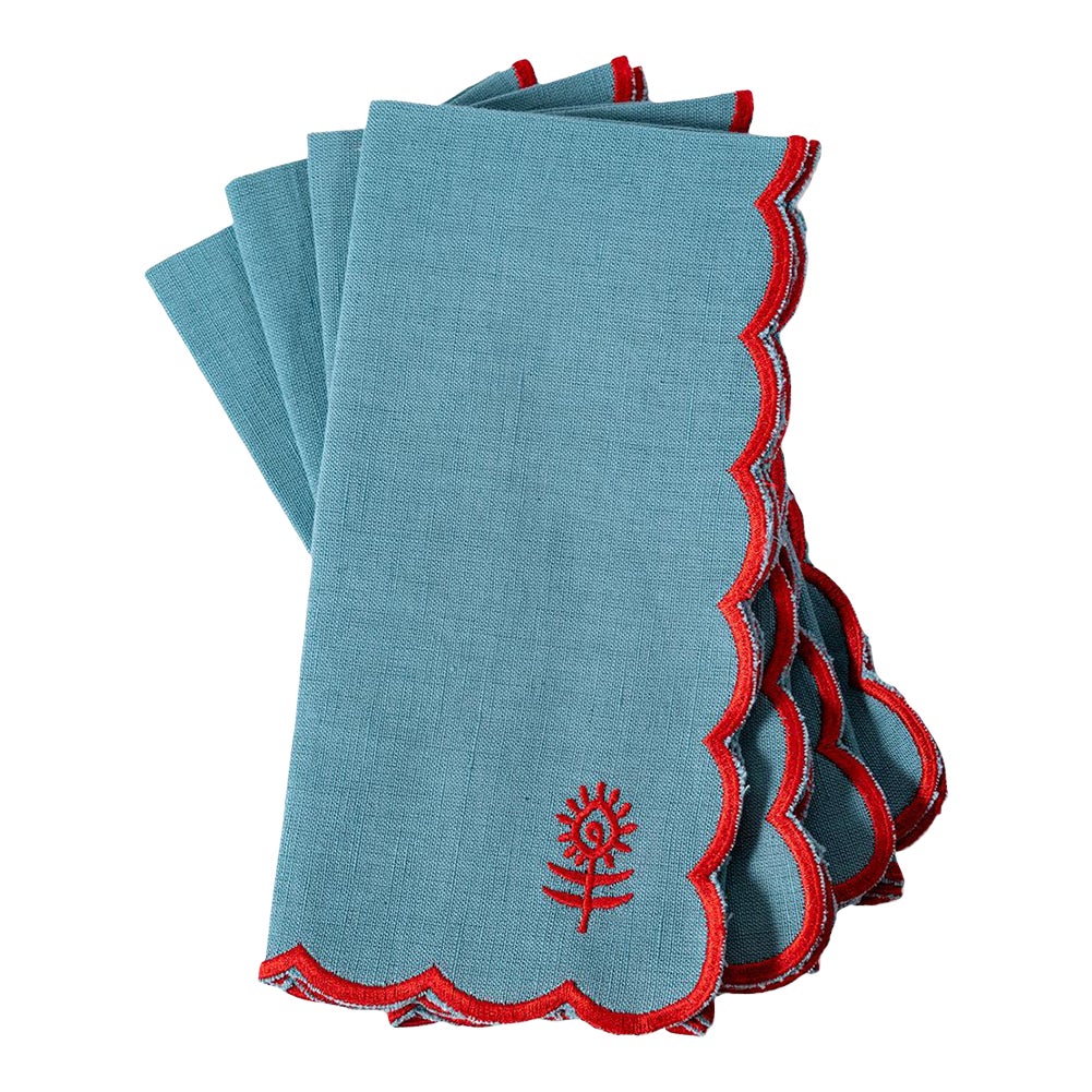 Furbish Scalloped Edge Icon Linen Napkins - Aqua + Cherry, Set of 4 ...