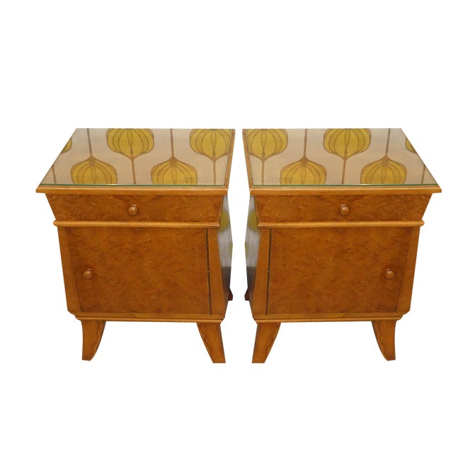 Vintage Night Cabinets with Lacquer Drawer & Door Glass Plate Nostalgia, Set of 2 For Sale