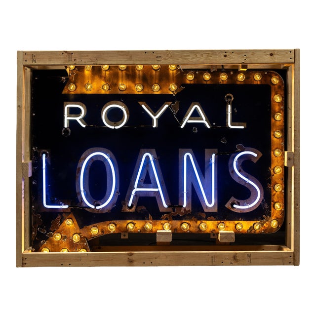Vintage Royal Loans Single Sided Porcelain Neon Sign For Sale