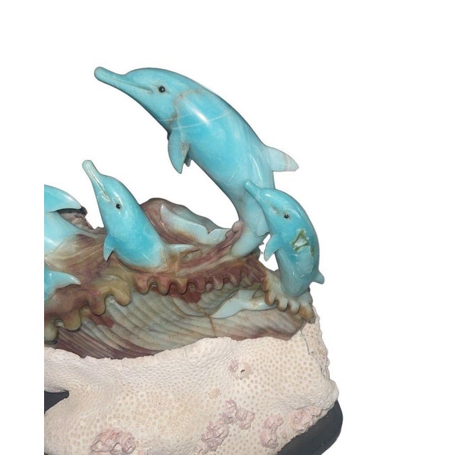 Modern Blue Quartzite Dolphin Sculpture on Onyx Base, Brazil, Late 20th Century. For Sale - Image 3 of 8